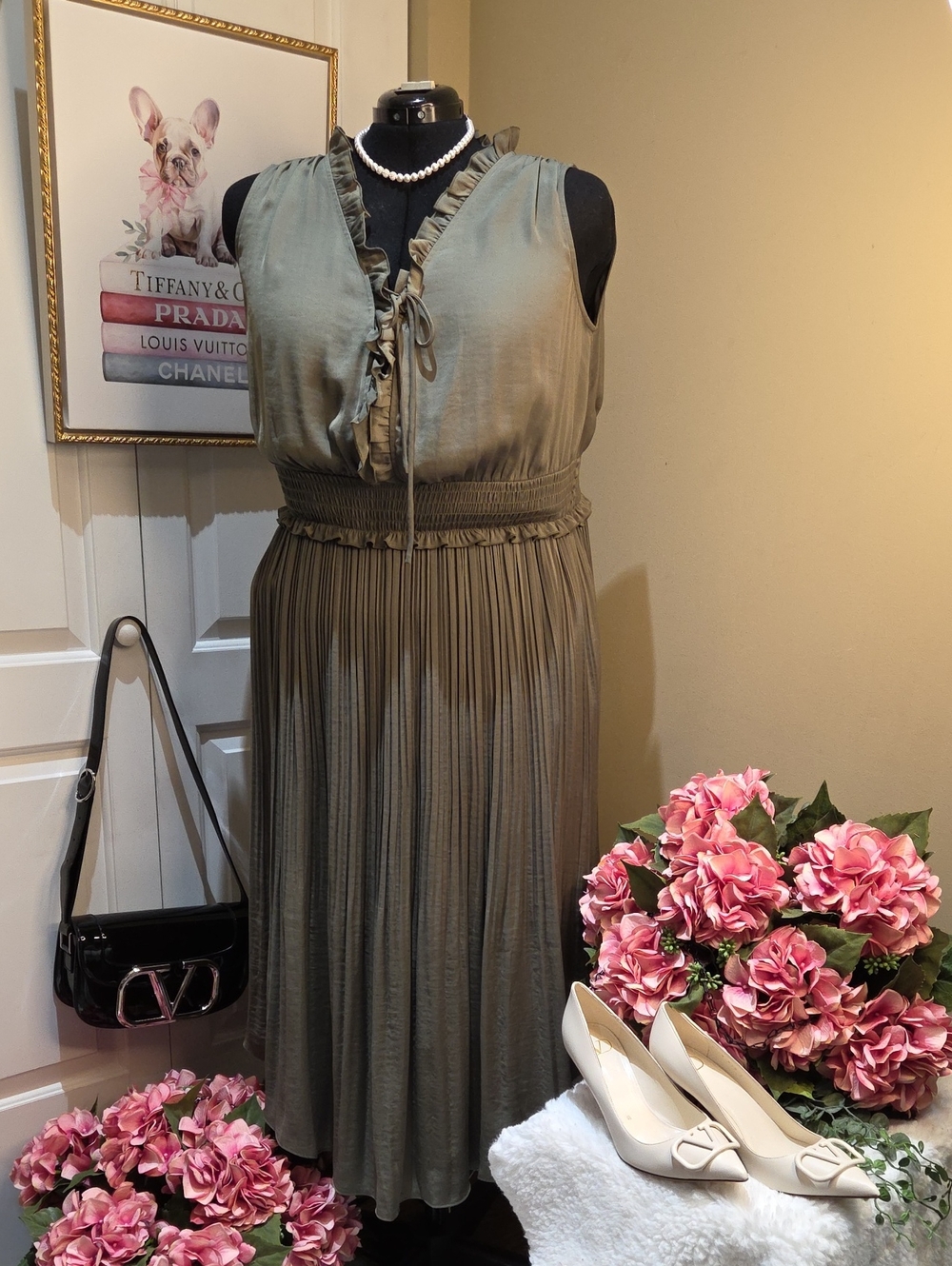 Lane Bryant Olive Green Ruffle-Trim Pleated Midi Dress
